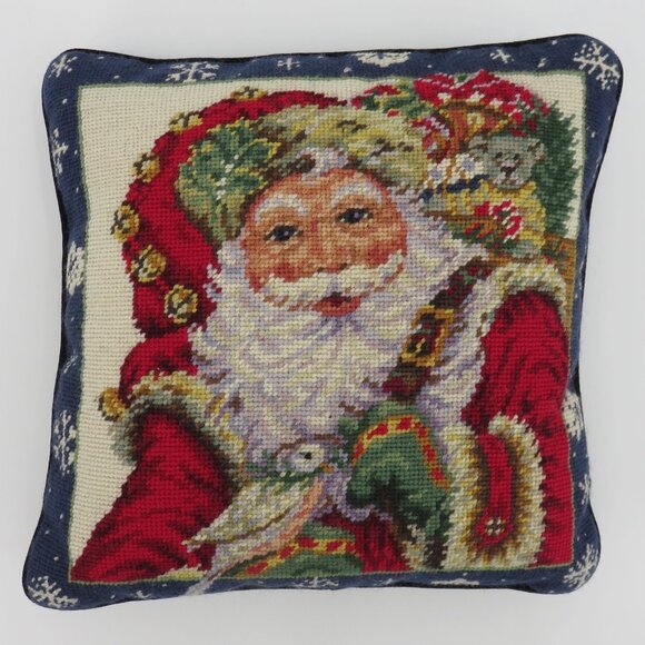 Needlepoint Santa Claus Papa Noel Christmas Square Pillow Blue Velvet Zipper - Picture 11 of 11
